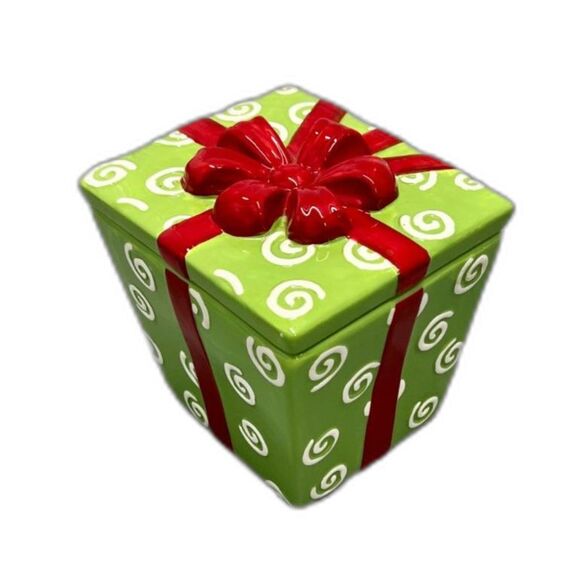 Christmas Holiday Cookie Jar Home Decor Package Green White Red Bow Ceramic Y2K - Picture 2 of 4